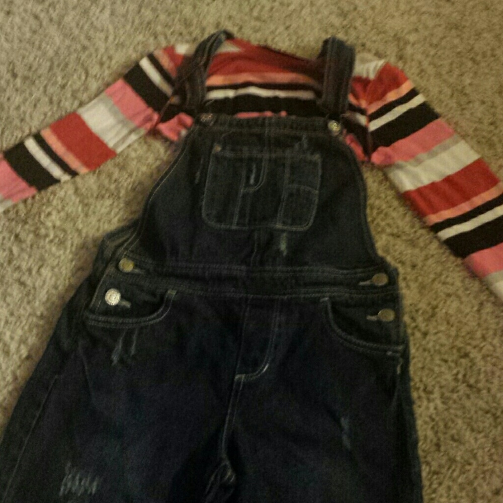 Jordache overalls and striped long-sleeved top